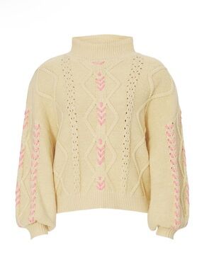 Wish Zowie Women's Cream Cable Knit Sweater with Pink Accents